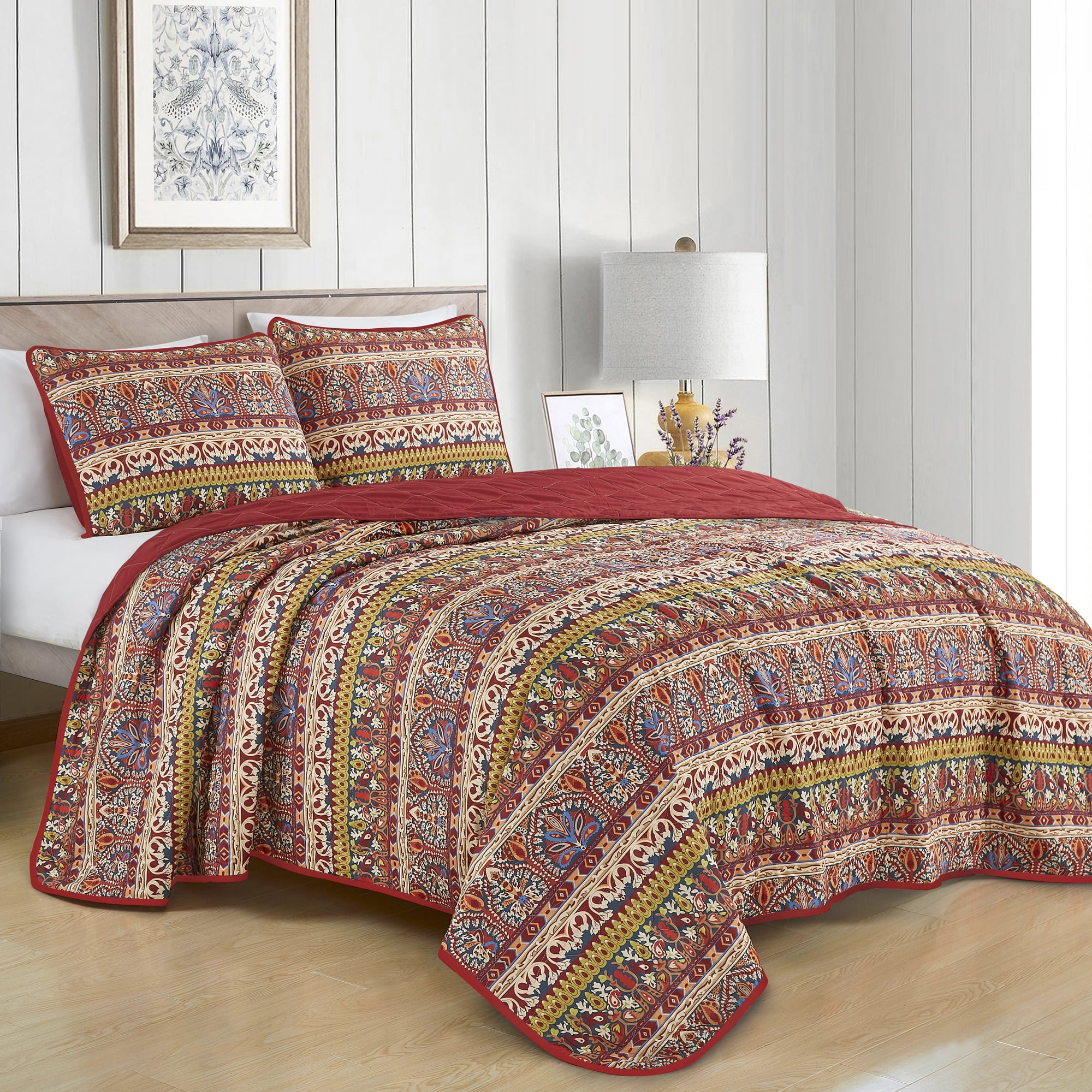 3-Piece Reversible Printed Microfiber Bedspread Set – Luxury Feel, Soft & Cozy All-Season Bedding, Lightweight, Includes 1 Bedspread & 2 Shams, King