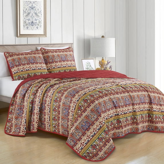 3-Piece Reversible Printed Microfiber Bedspread Set – Luxury Feel, Soft & Cozy All-Season Bedding, Lightweight, Includes 1 Bedspread & 2 Shams, King