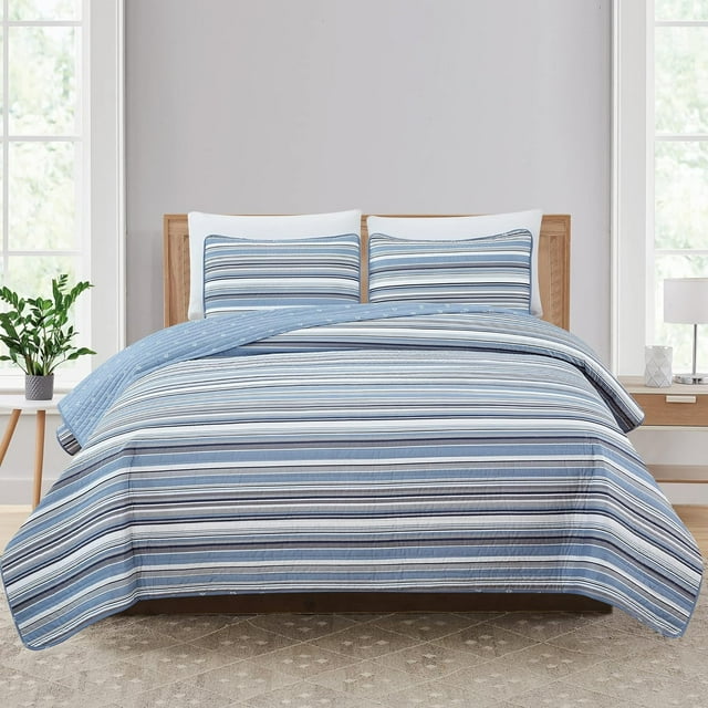 3 Piece Reversible Quilt Set with Shams | All-Season Soft & Lightweight Bedspread with Modern Striped Pattern | Elise Collection (Full/Queen, Blue/Grey)