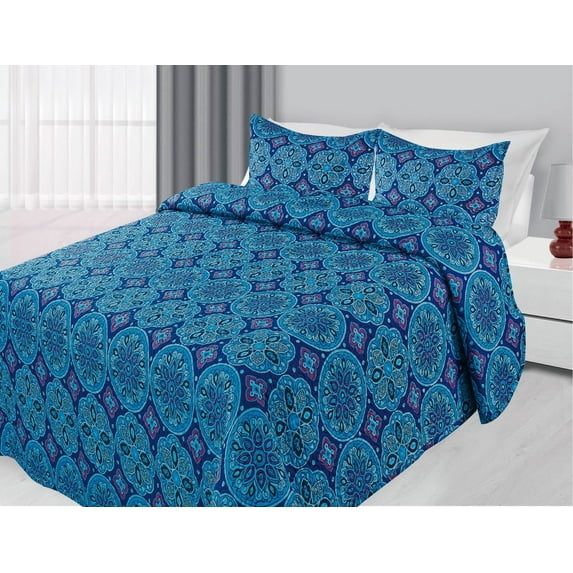3-Piece Reversible Quilted Printed Bedspread Coverlet Blue & Purple Circles - King Size