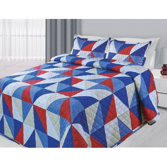 3-Piece Reversible Quilted Printed Bedspread Coverlet Blue & Red Geometric - Full Size