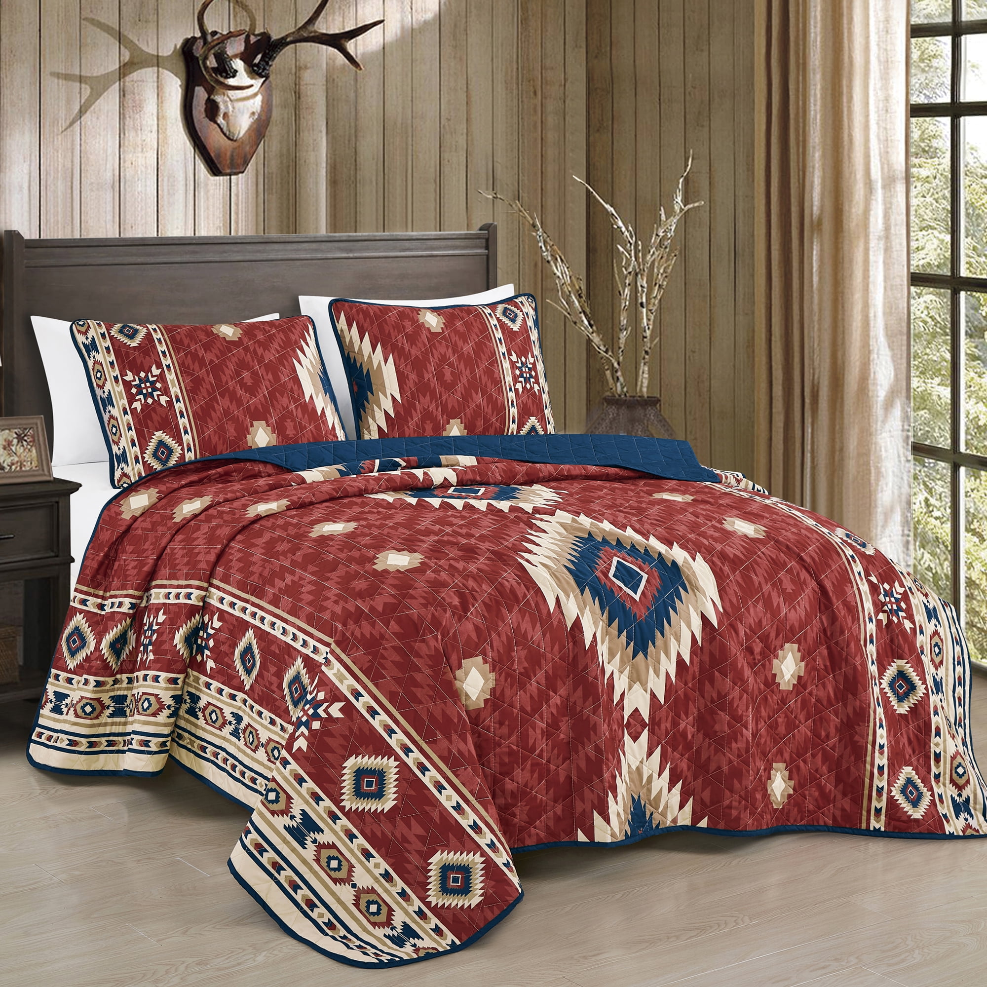 3-Piece Reversible Red & Blue Southwestern Pattern Bedspread Set,King