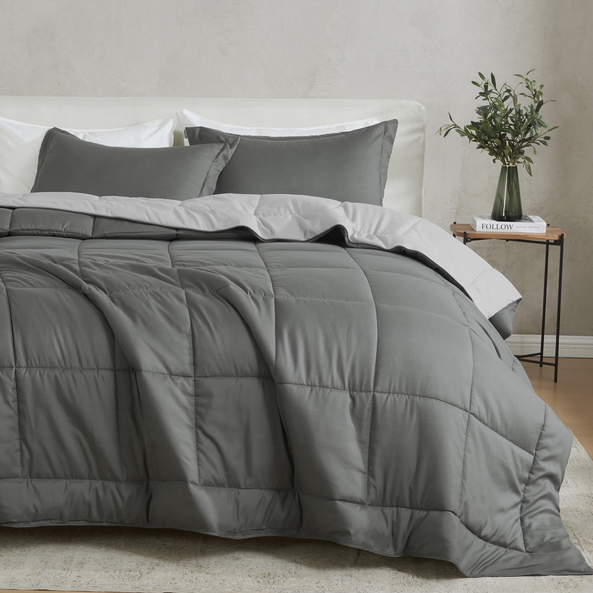 King Size Dark Grey and Light Grey Reversible Microfiber Comforter Set