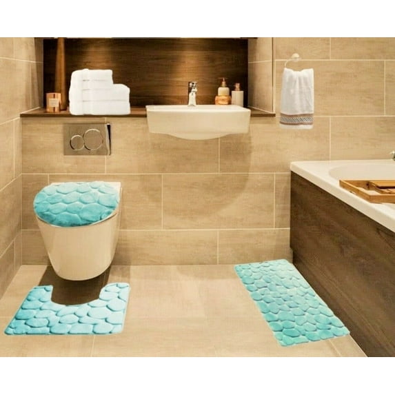 3 Piece Rock Desing Solid Acqua Color Embossed Memory Foam Plush Anti Slip For Bathroom Rug Mat Lid Cover Set