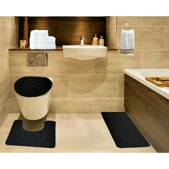 3 Piece Rock Desing Solid Black Color Embossed Memory Foam Plush Anti Slip For Bathroom Rug Mat Lid Cover Set