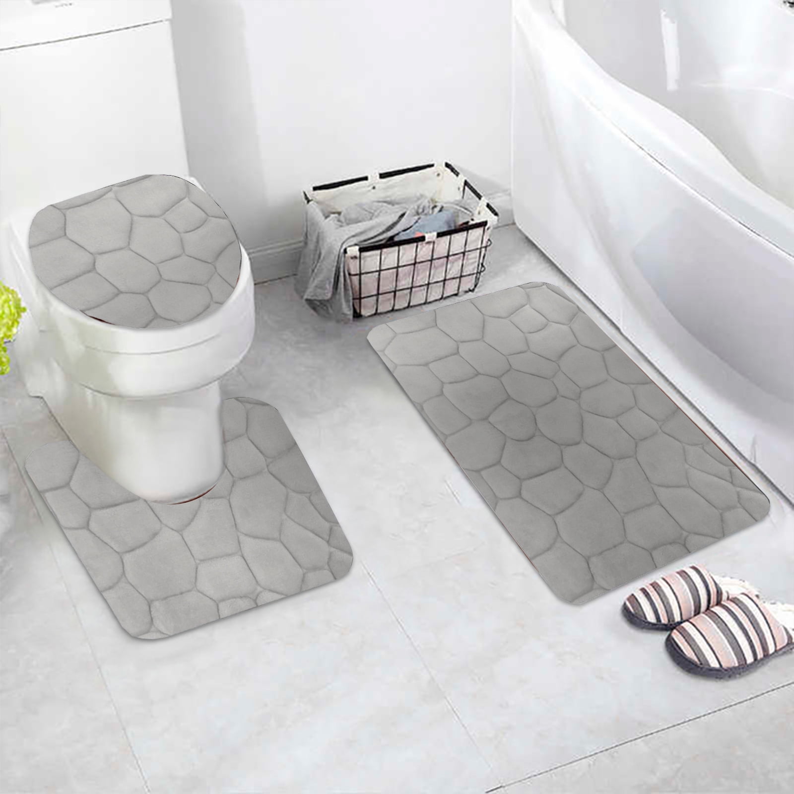 3 Piece Rock Memory Foam Bathroom Mat Set Flannel Embossed Rug Mat