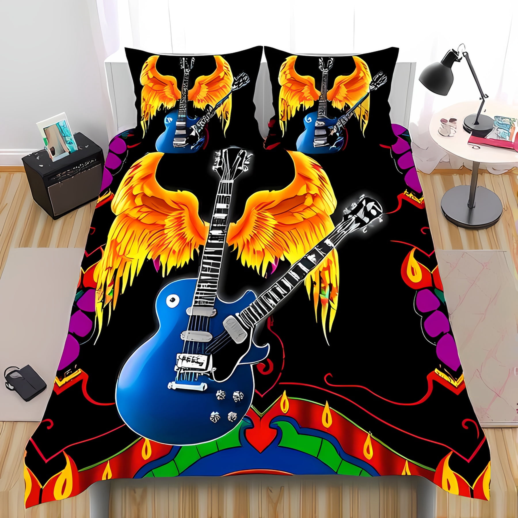 3Piece RockandRoll Bedding Set with Electric Guitars & Golden Wings