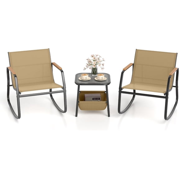 3 Piece Rocking Bistro Set, Metal Frame Rocking Chairs & Side Table w/Storage Bag, PS Armrests & Tabletop, Patio Rocking Conversation Set for Porch, Yard, Balcony