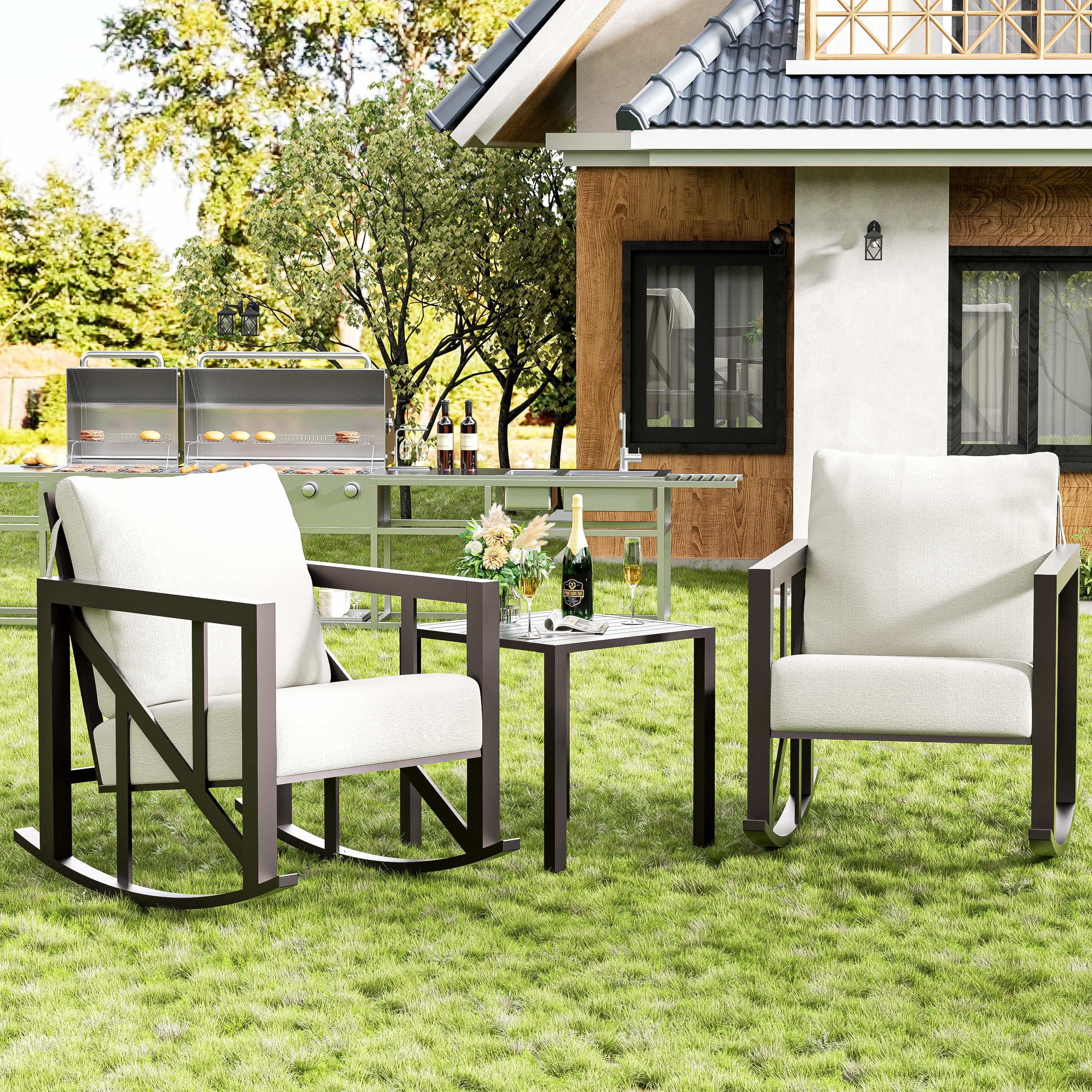 3-Piece Rocking Bistro Set, Metal Outdoor Furniture with 2 Rockers and ...