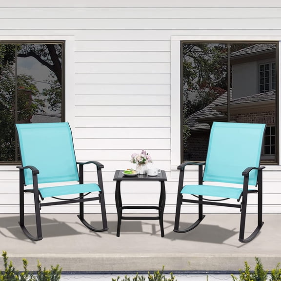 3 Piece Rocking Bistro Set Outdoor Furniture with Blue Metal Frame and Textilene Chairs for Balcony Porch Small Space