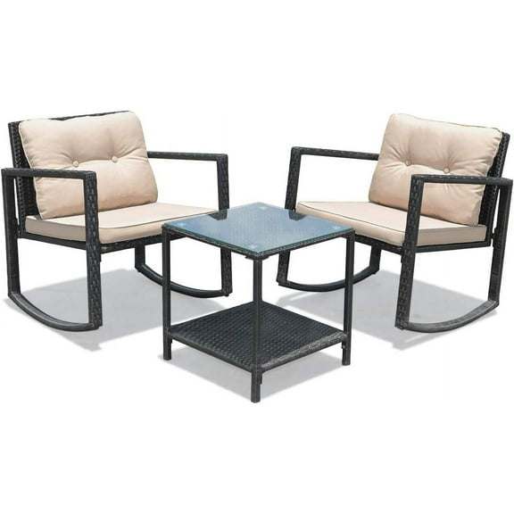 3-Piece Rocking Bistro Set Outdoor Patio Rocking Chairs with Coffee Table, Rattan Wicker Furniture Conversation Set for Garden Lawn Backyard Balcony