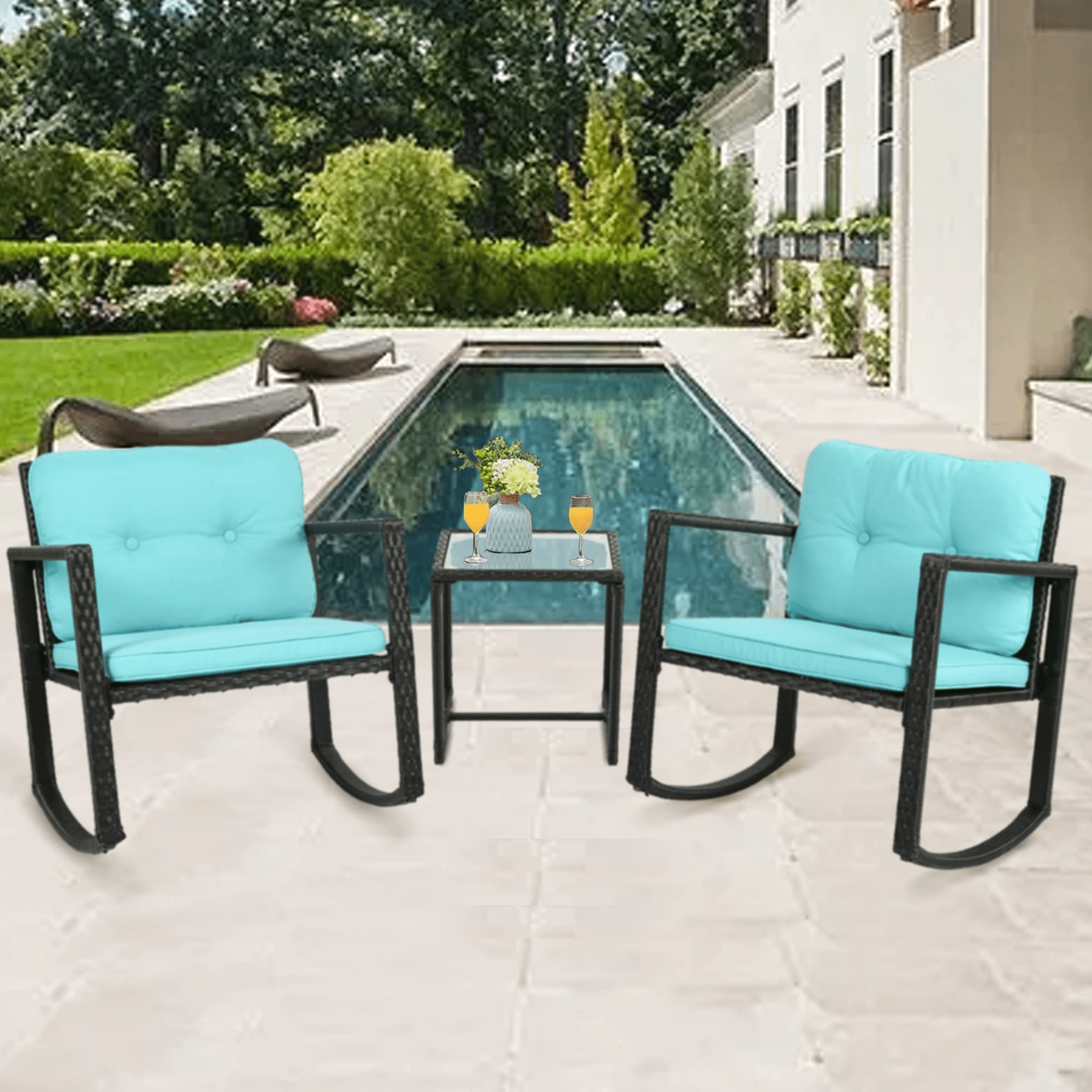 Blue Cushioned Rattan Wicker Rocking Bistro Set with Glass Table