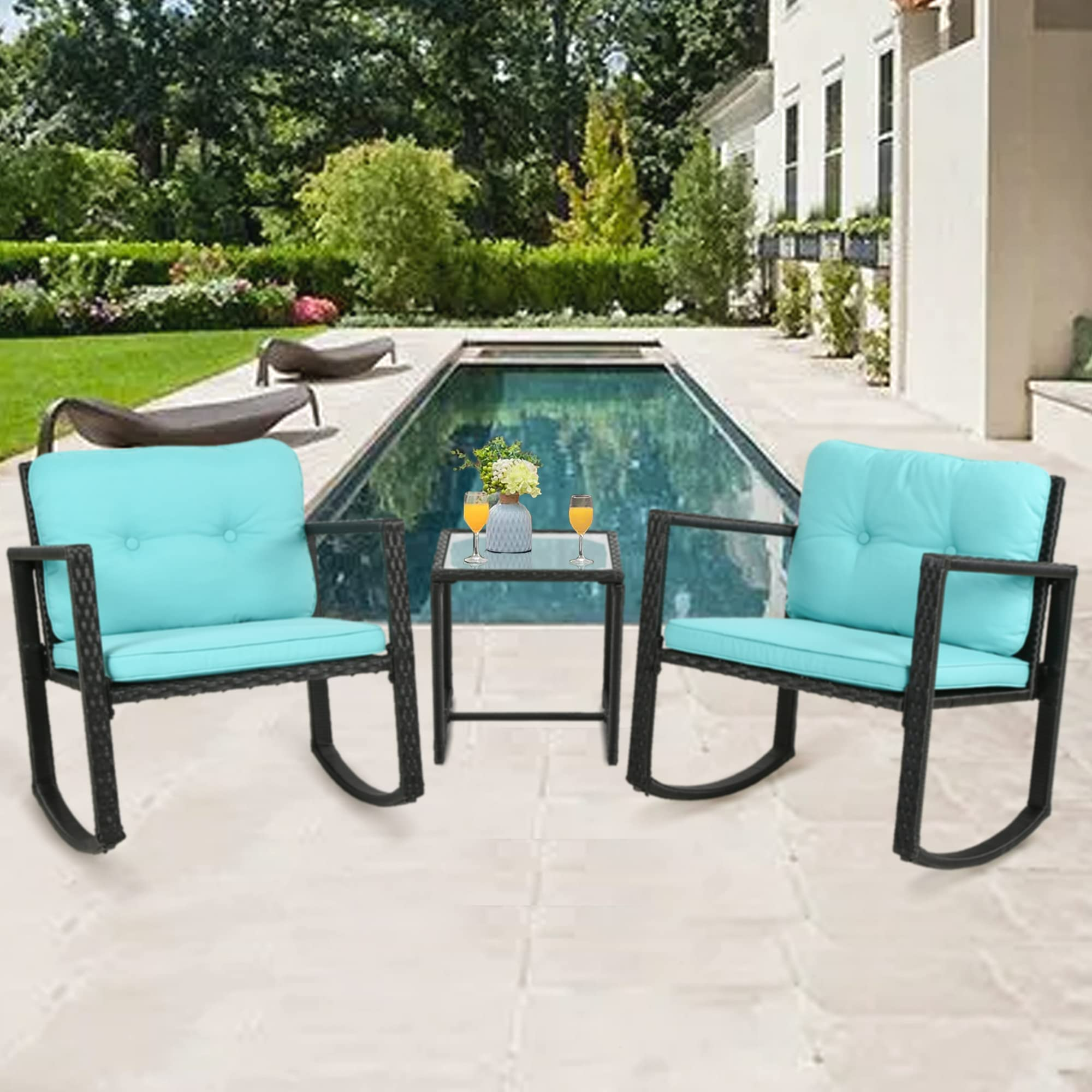 3-Piece Rocking Bistro Set Outdoor Rattan Wicker Chair with Thickened Cushion & Glass Coffee Table,Modern Wicker Patio Furniture Garden Porch Conversation Sets for Porch Lawn, Blue - image 1 of 7