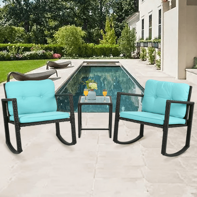 3-Piece Rocking Bistro Set Outdoor Rattan Wicker Chair with Thickened Cushion & Glass Coffee Table,Modern Wicker Patio Furniture Garden Porch Conversation Sets for Porch Lawn, Blue
