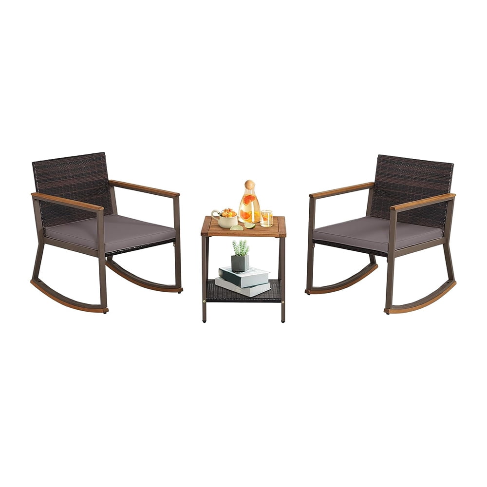 3 Piece Rocking Bistro Set, Outdoor Wicker Rocking Chair with Soft Seat ...