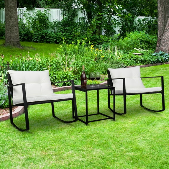 3 Piece Rocking Bistro Set Wicker Patio Outdoor Furniture Porch Chairs Conversation Sets with Two Rocking Chairs, Glass Coffee Table, Durable Patio Furniture Set for Backyard Porch Poolside, Q16776