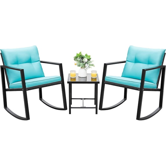 3 Piece Rocking Bistro Set Wicker Patio Outdoor Furniture Porch Chairs Conversation Sets with Glass Coffee Table (Blue)