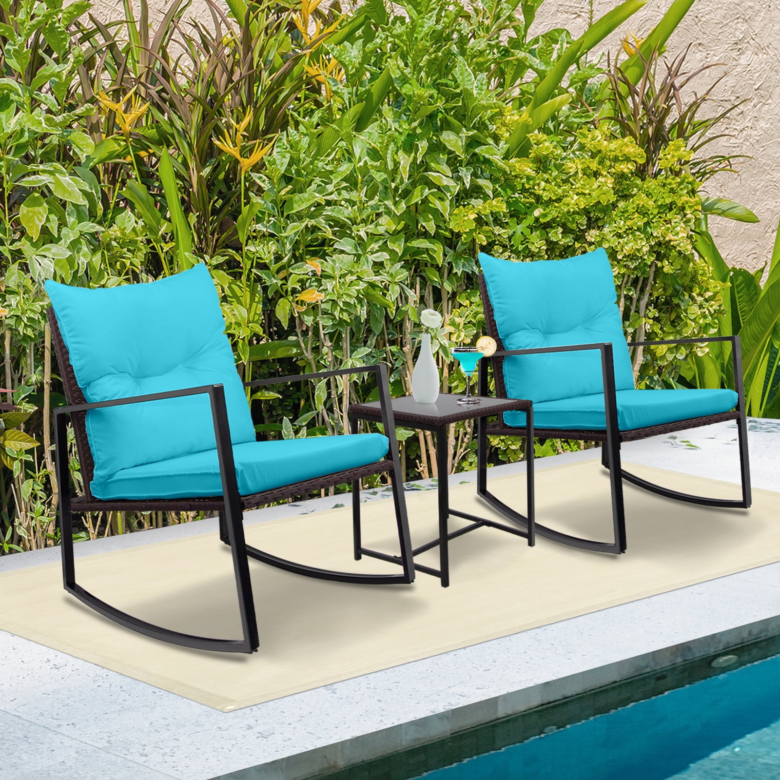 3 Piece Rocking Wicker Bistro Set All Weather Patio Furniture with Porch Chairs and Glass Coffee Table Walmart