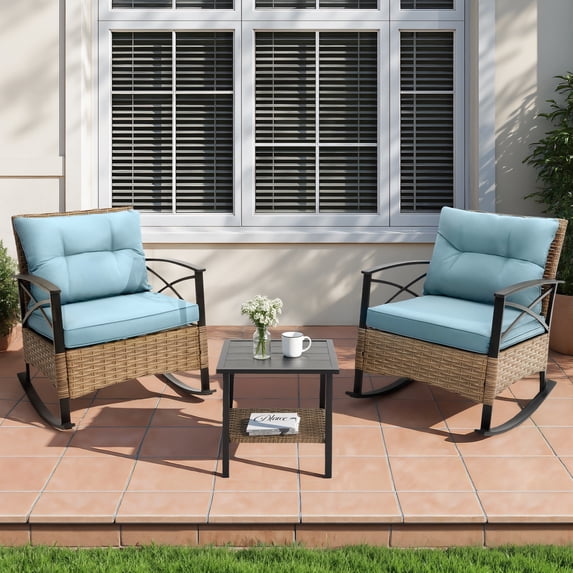 3 Piece Rocking Bistro Table Set, Steel Top Table W/ 2 Rocking Chairs Padded Seat, PE Rattan Bistro Set of 3, All-Weather Conversation Set for Outdoor Patio Poolside, Balcony - Blue