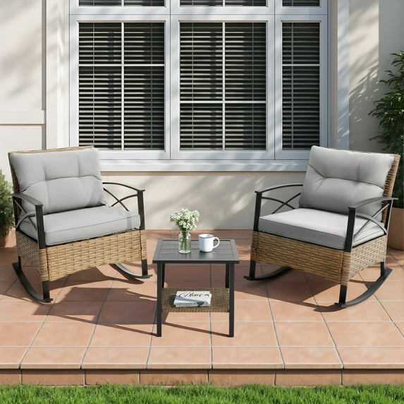 3 Piece Rocking Bistro Table Set, Steel Top Table W/ 2 Rocking Chairs Padded Seat, PE Rattan Bistro Set of 3, All-Weather Conversation Set for Outdoor Patio Poolside, Balcony - Gray