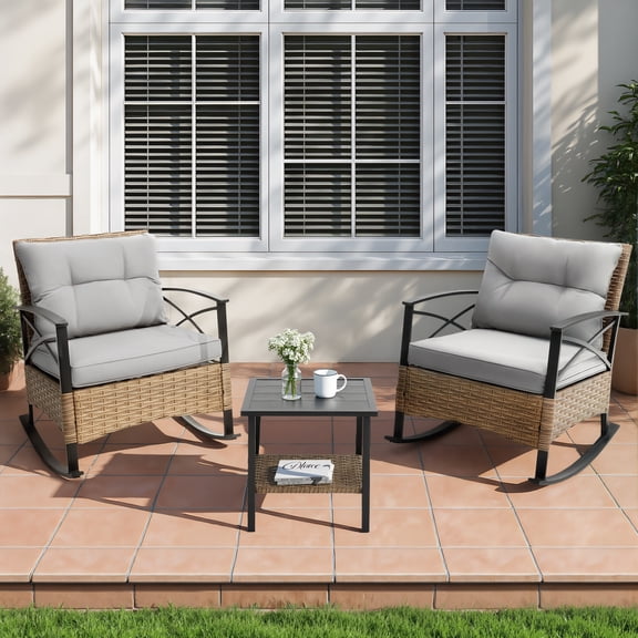 3 Piece Rocking Bistro Table Set, Steel Top Table W/ 2 Rocking Chairs Padded Seat, PE Rattan Bistro Set of 3, All-Weather Conversation Set for Outdoor Patio Poolside, Balcony - Gray