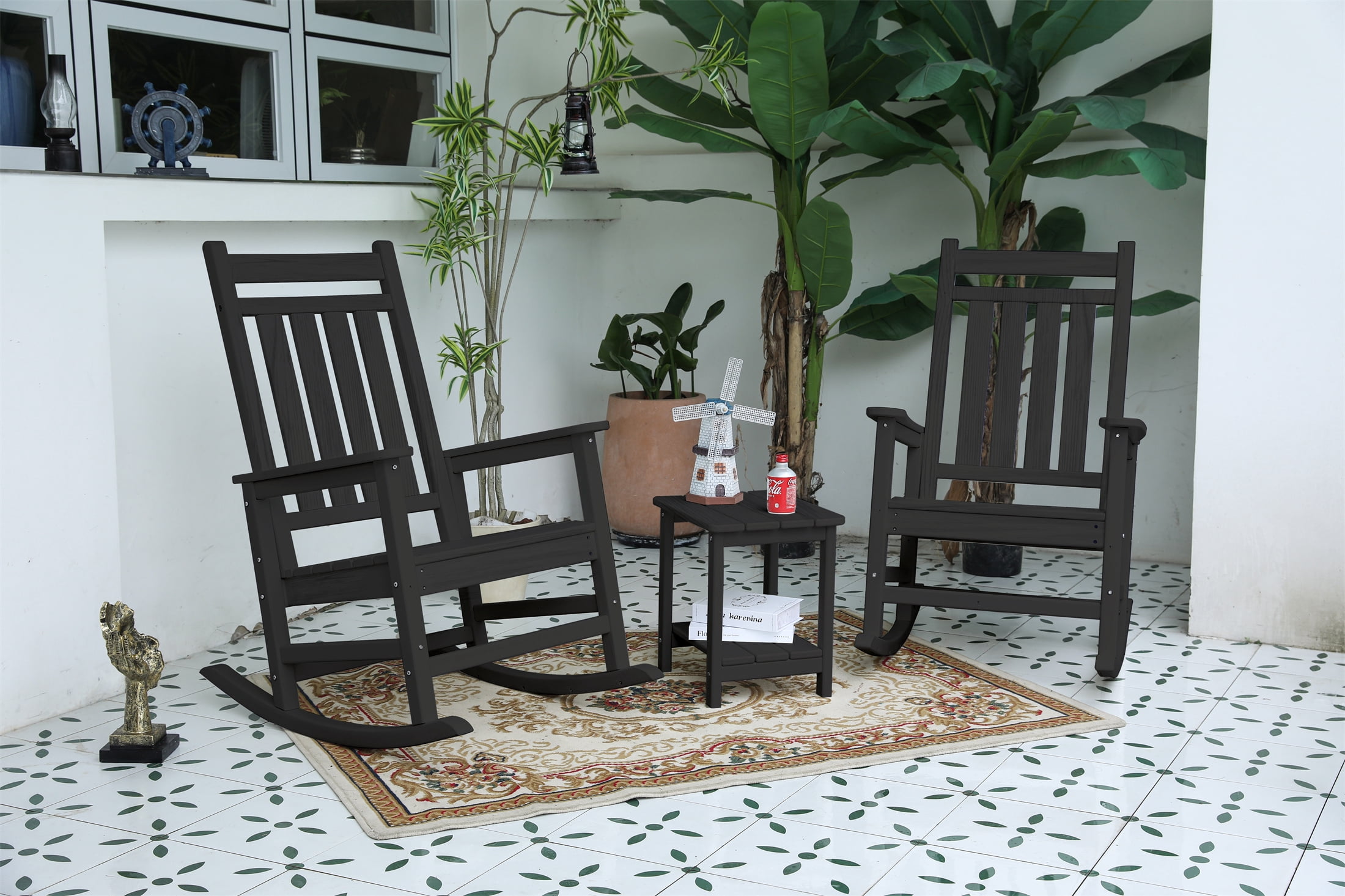 3 Piece Rocking Chair Set, Wood Texture Rocking Furniture with Side Table for Patio Backyard Leisure Area, Grey