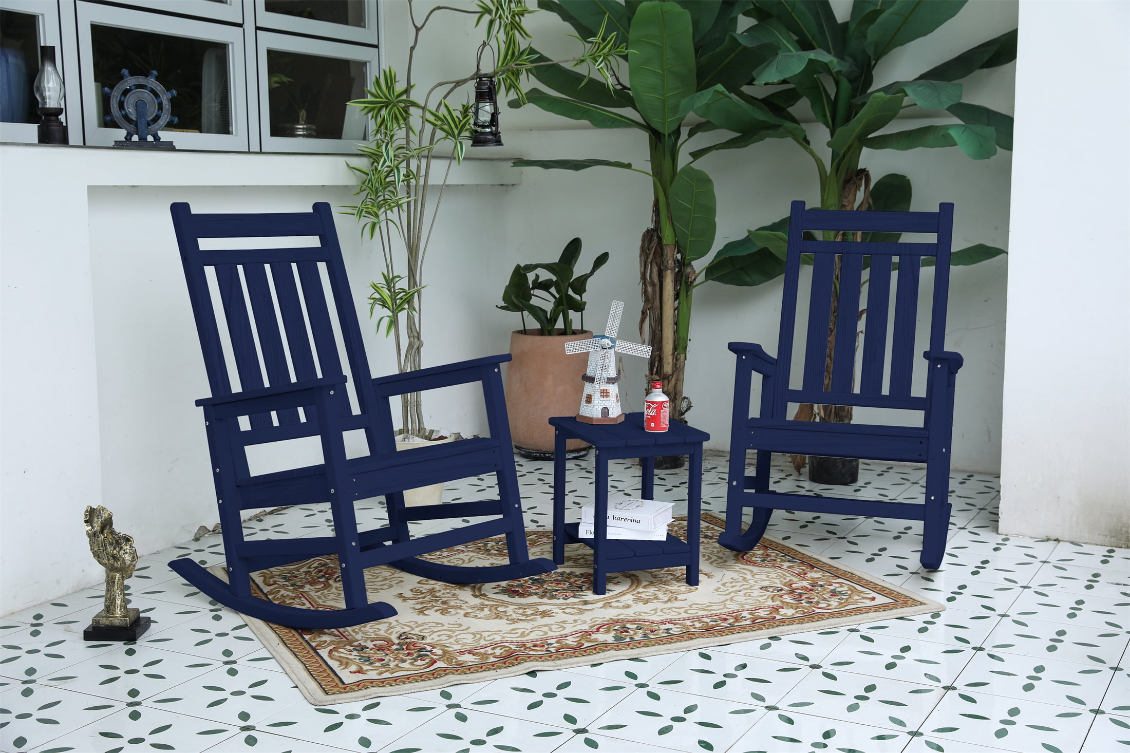 3 Piece Rocking Chair Set, Wood Texture Rocking Furniture with Side Table for Patio Backyard Leisure Area, Navy Blue