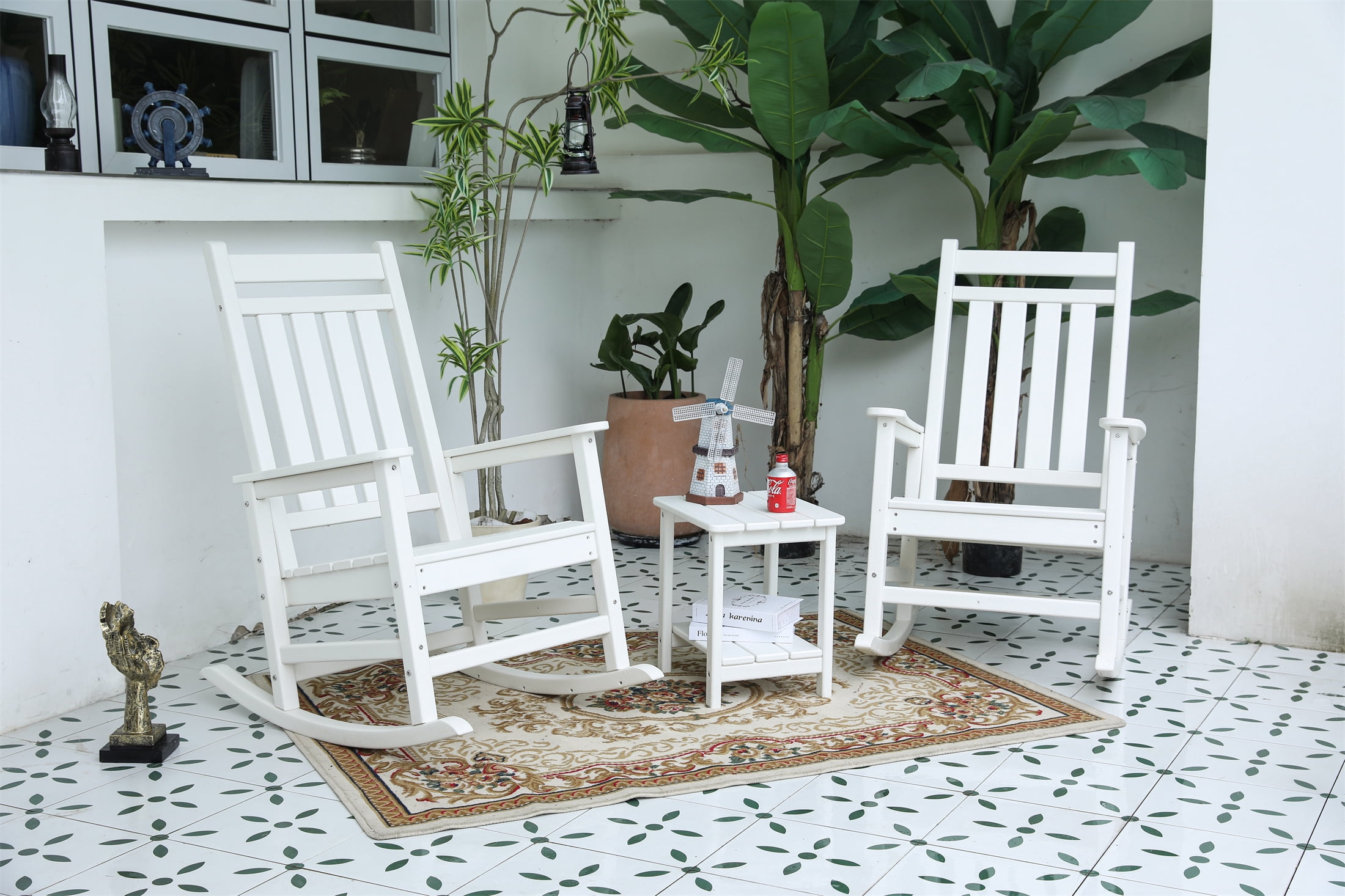 3 Piece Rocking Chair Set, Wood Texture Rocking Furniture with Side Table for Patio Backyard Leisure Area, White