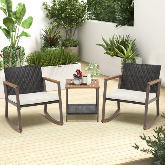 3-Piece Rocking Wicker Patio Bistro Set, Outdoor Rattan Conversation Chairs with Cushions and Glass Coffee Table for Porch, Balcony, Garden, Backyard