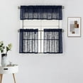thumbnail image 1 of 3 Piece Rod Pocket Linen Semi Sheer Kitchen Window Curtain Tiers and Valance Set 24" Long, Navy., 1 of 4