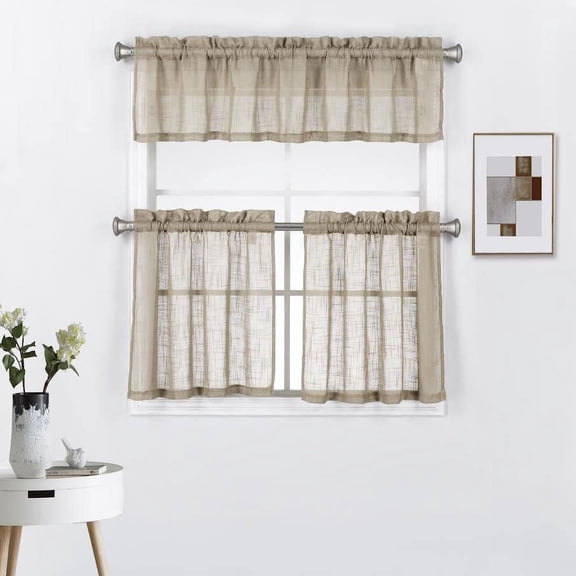 3 Piece Rod Pocket Linen Semi Sheer Kitchen Window Curtain Tiers and Valance Set 24" Long, Taupe.