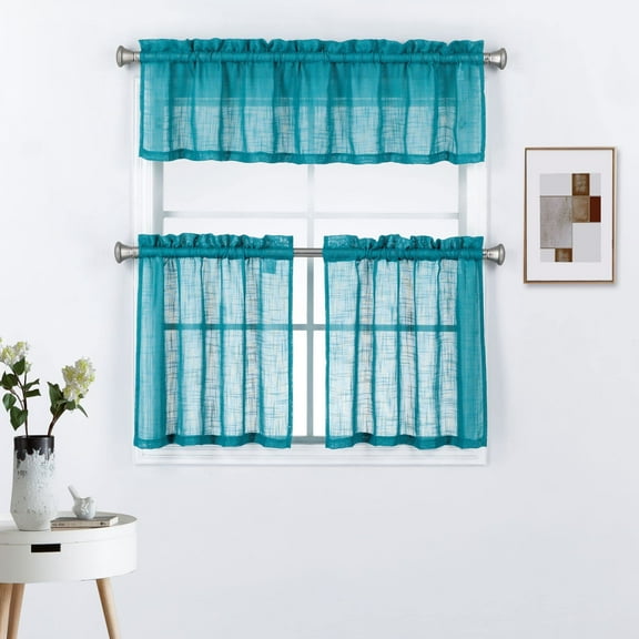 3 Piece Rod Pocket Linen Semi Sheer Kitchen Window Curtain Tiers and Valance Set 24" Long, Teal.