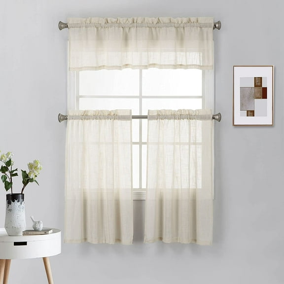 3 Piece Rod Pocket Linen Semi Sheer Kitchen Window Curtain Tiers and Valance Set 36" Long, Beige.
