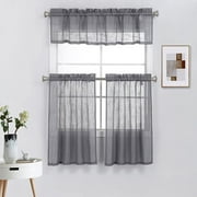 3 Piece Rod Pocket Linen Semi Sheer Kitchen Window Curtain Tiers and Valance Set 36" Long, Grey.
