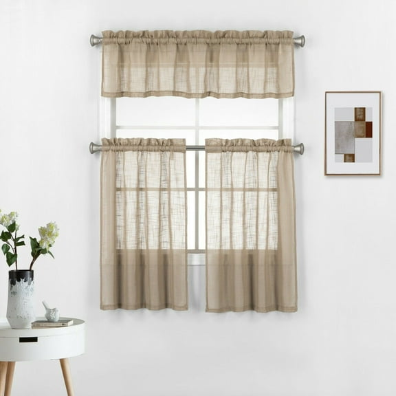3 Piece Rod Pocket Linen Semi Sheer Kitchen Window Curtain Tiers and Valance Set 36" Long, Taupe.