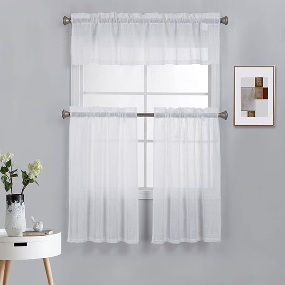 3 Piece Rod Pocket Linen Semi Sheer Kitchen Window Curtain Tiers and Valance Set 36" Long, White.