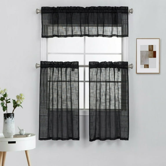 3 Piece Rod Pocket Linen Semi Sheer Kitchen Window Curtain Tiers and Valance Set