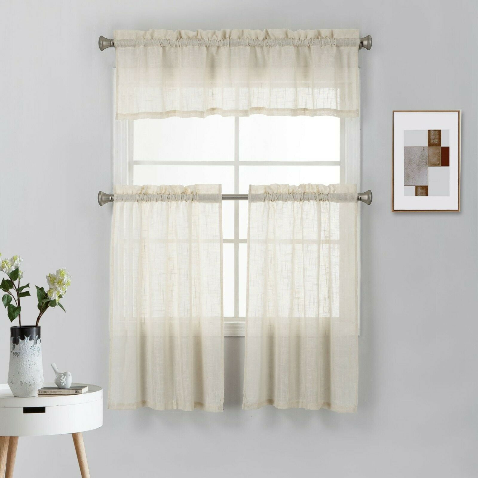 3 Piece Rod Pocket Linen Semi Sheer Kitchen Window Curtain Tiers and Valance Set