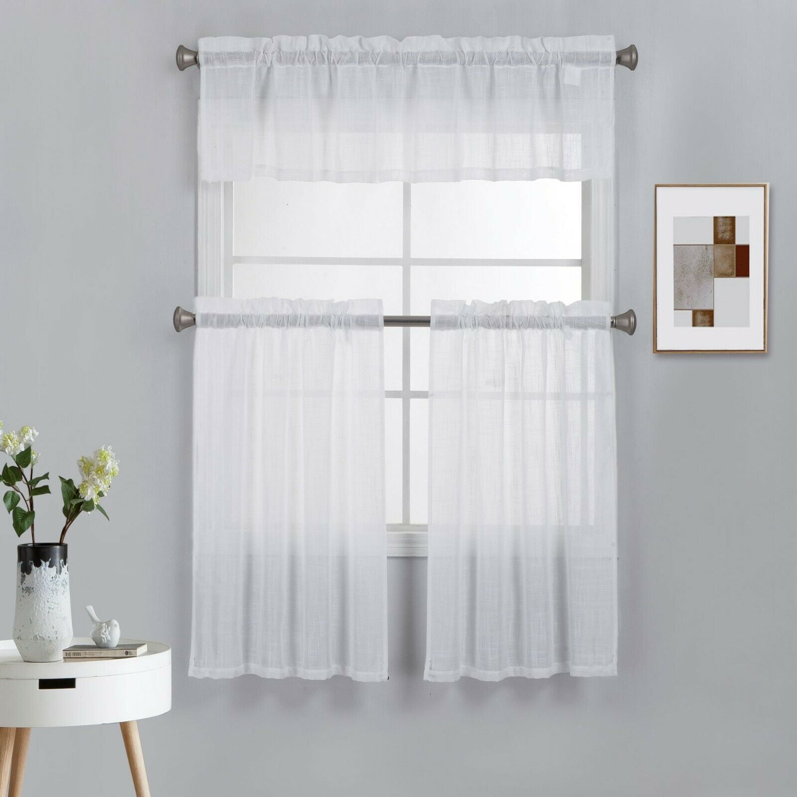 3 Piece Rod Pocket Linen Semi Sheer Kitchen Window Curtain Tiers and Valance Set