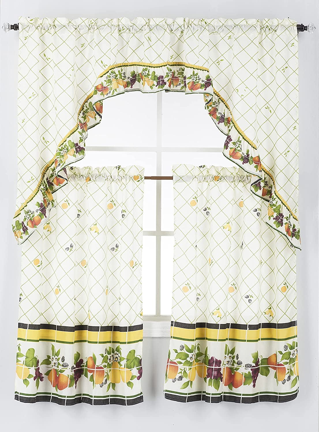 3 Piece Rod Pocket Printed Window Treatment Kitchen Curtain Tiers & Swag Valance Set 36" Long, Fruits