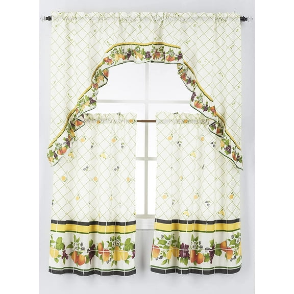 3 Piece Rod Pocket Printed Window Treatment Kitchen Curtain Tiers & Swag Valance Set 36" Long, Fruits