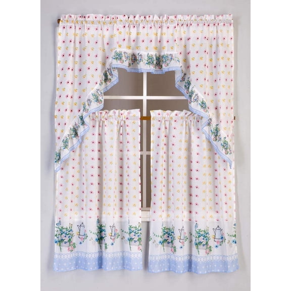 3 Piece Rod Pocket Printed Window Treatment Kitchen Curtain Tiers & Swag Valance Set 36" Long, Tea Pot