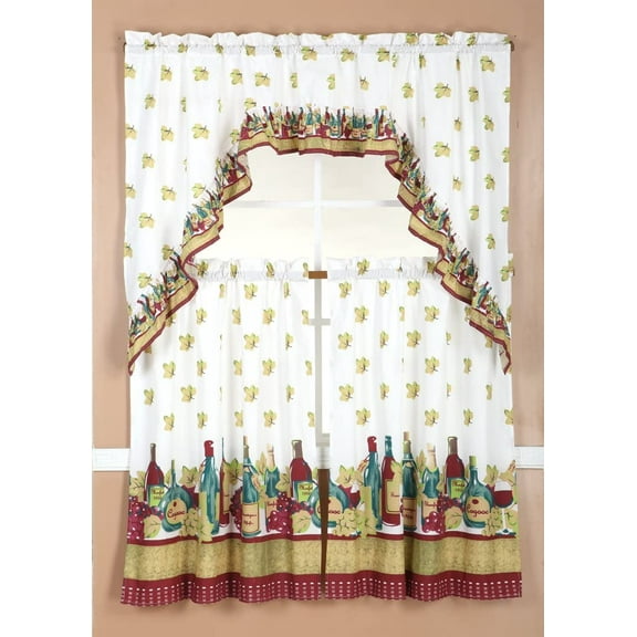 3 Piece Rod Pocket Printed Window Treatment Kitchen Curtain Tiers & Swag Valance Set 36" Long, Wine