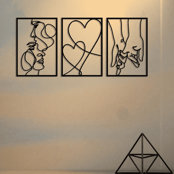 3-Piece Romantic Metal Wall Art Set Couple Silhouette, Love & Kiss Line Drawings, Heartwarming Decor for Bedroom, Wedding, Anniversary Valentines Day, Housewarming, Unique Gifts for Couples