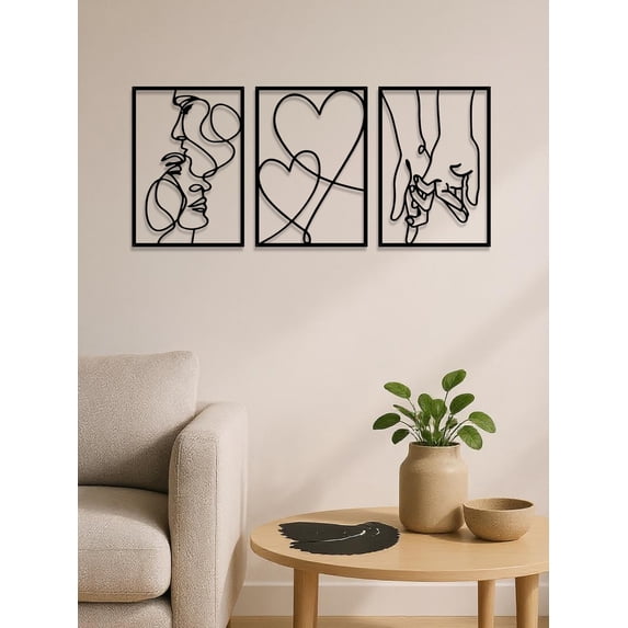 3 Piece Romantic Metal Wall Art Set, Minimalist Couple Silhouette Wall Decor, Elegant Metal Hanging Ornament Artwork, Ideal Romantic Home Decoration for Living Room Bedroom Indoor Wall Display