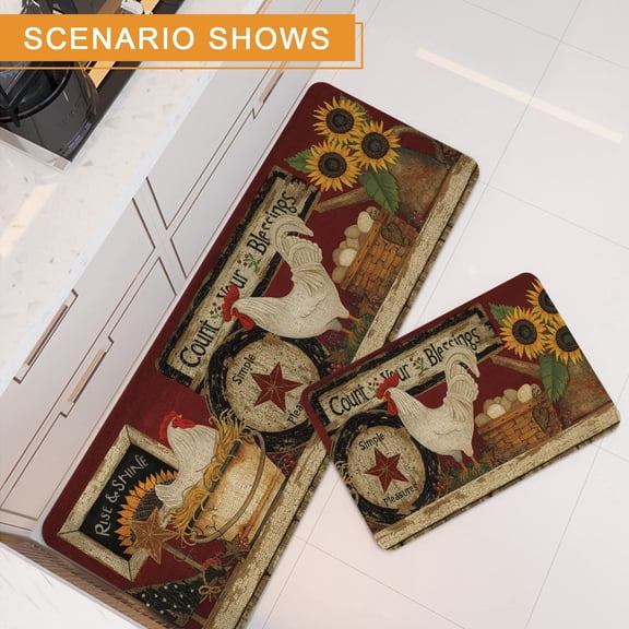 3 Piece Rooster Kitchen Rug Set, 16x24+20x31+17x47 Non-Slip Farmhouse Chicken Kitchen Mats, Vintage Rooster Kitchen Decor, Machine Washable Polyester Floor Runner and Rugs for Home Sink