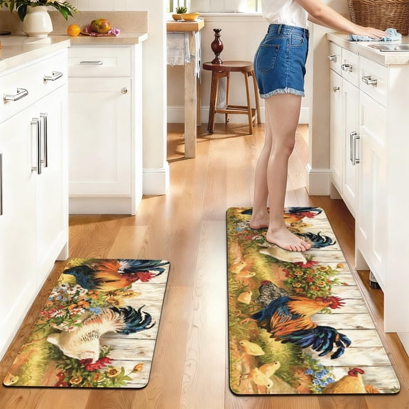 3 Piece Rooster Kitchen Rug Set, 16x24+20x31+17x47 Non-Slip Farmhouse Chicken Kitchen Mats, Vintage Rooster Kitchen Decor, Machine Washable Polyester Floor Runner and Rugs for Laundry and Floor