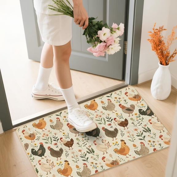 3 Piece Rooster Kitchen Rug Set, 16x24+20x31+17x47 Non-Slip Floral Chicken Kitchen Mats, French Country Rooster Kitchen Decor, Machine Washable Polyester Floor Runner and Rugs for Home Entrance