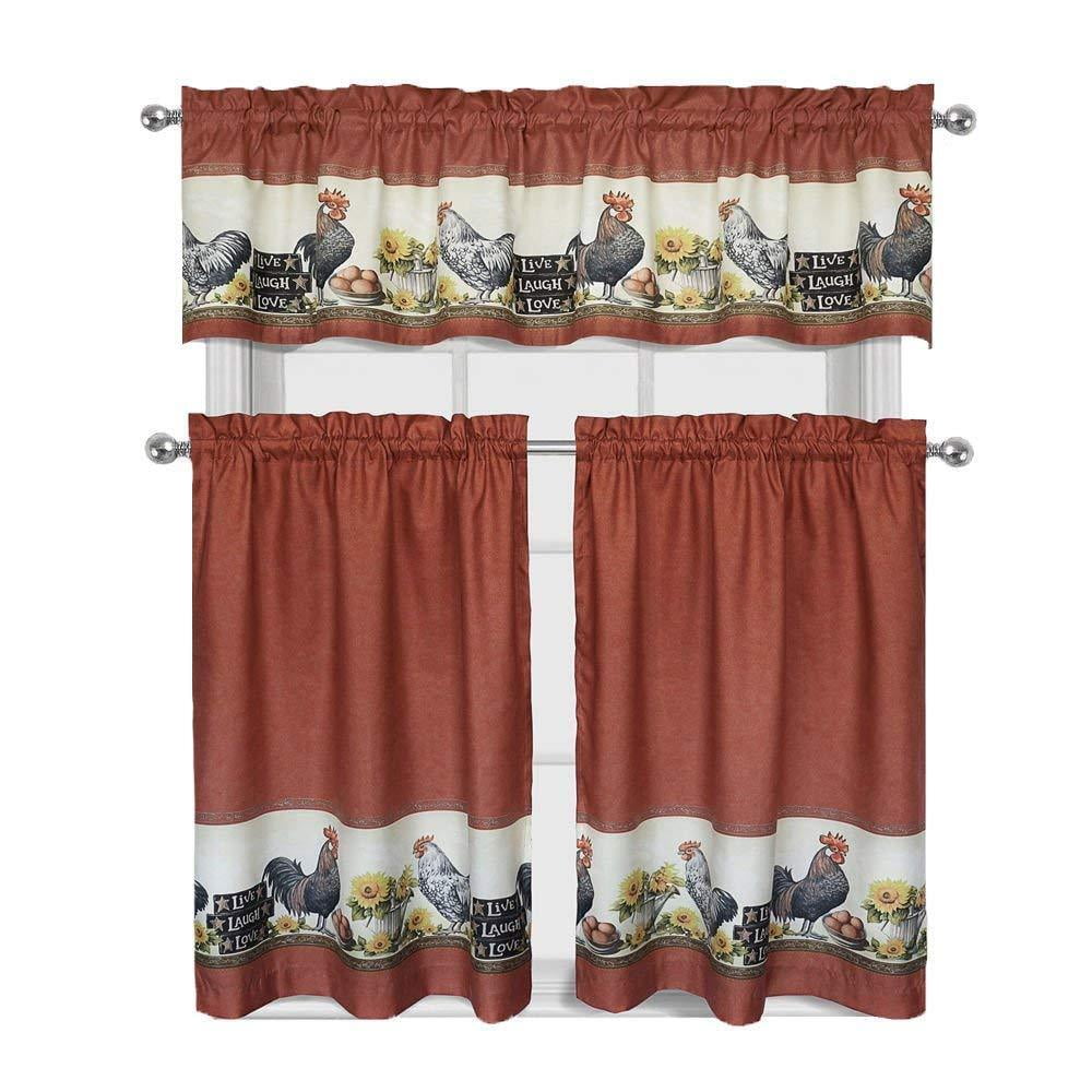 Rooster Print 3-Piece Polyester Kitchen Curtain Set