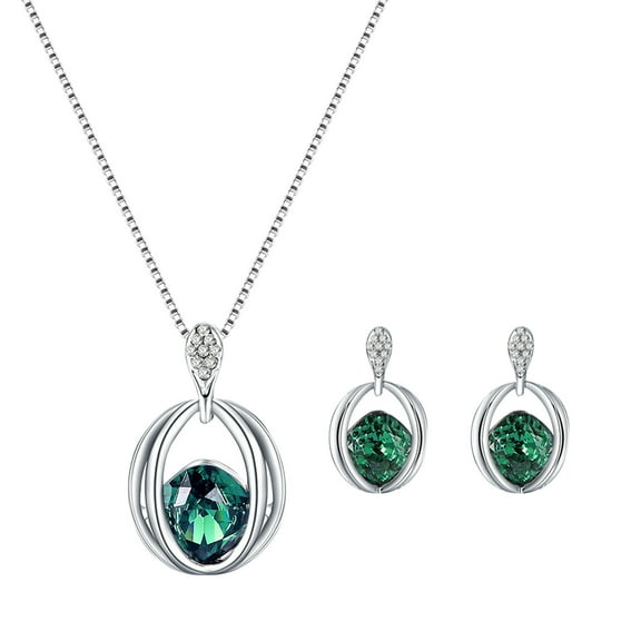3-Piece Rotating Crystal Jewelry Set - Blue/Purple/Green Necklace & Earrings for Women (Wedding Party Fashion Jewelry, Hypoallergenic Alloy Gift Set with Gift Box, Everyday to Formal Wear)